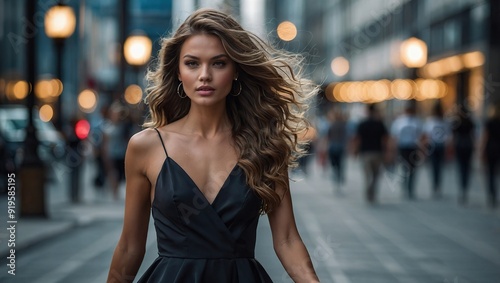 Fashion model woman walking along city street gray sidewalk Long loose brunette hair fly in wind motion Wave curl hairstyle Black evening trendy prom dress Beauty strong face