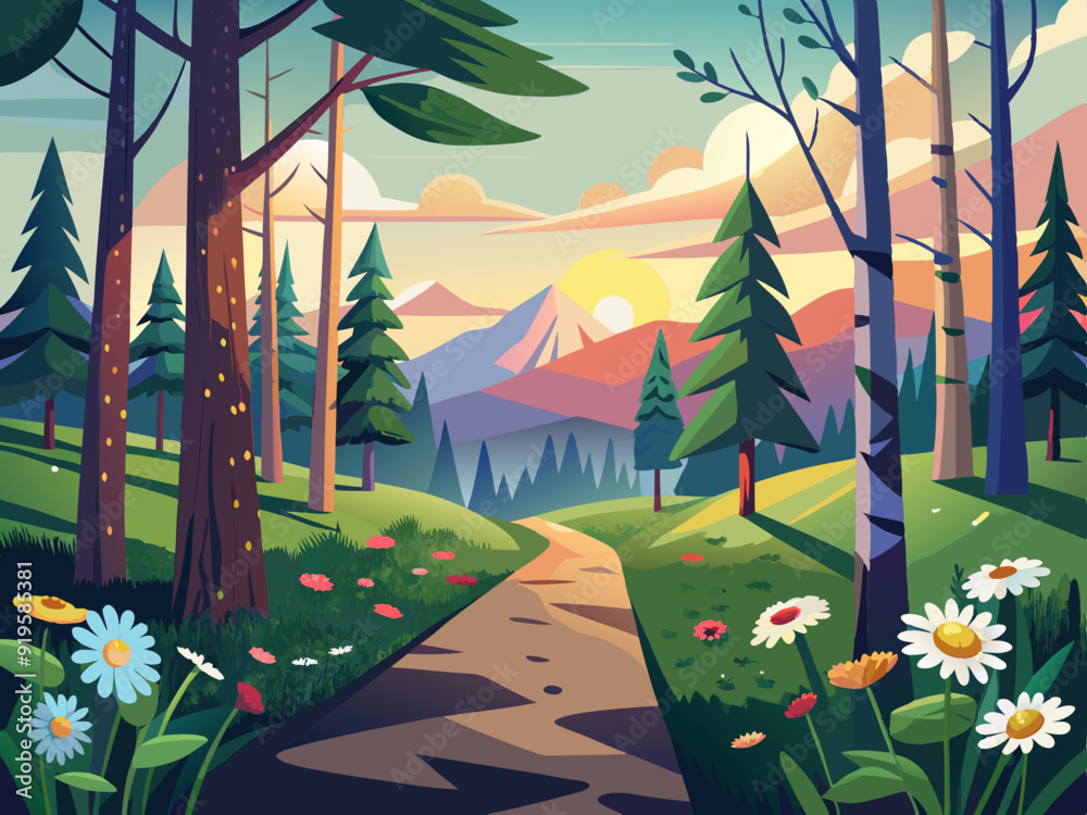 Forest landscape. Spring summer woodland with pine trees, birch tree and wild flowers in foreground. Sunrise morning in the forest path to field with daisies. Vector scene
