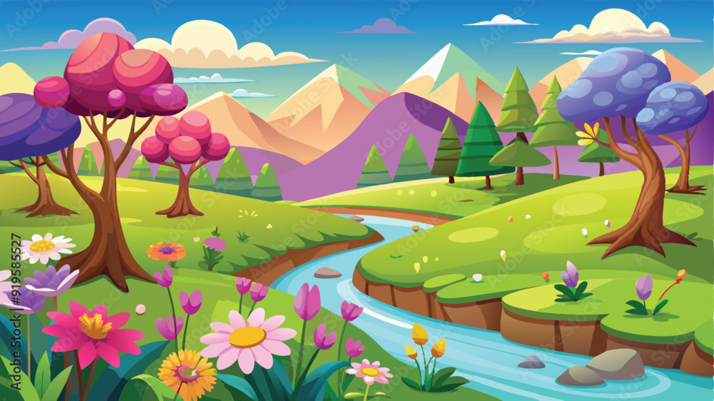 Fototapeta premium Illustration of a flower meadow in spring. AI digital illustration