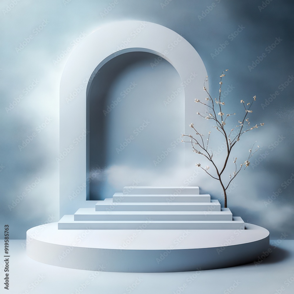 A serene white archway with steps and a delicate tree, creating a minimalist and tranquil atmosphere. A serene white archway with steps and a delicate tree, creating a minimalist and tranquil atmosphere.