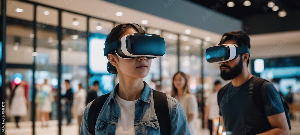 Skilled people using VR headset to connect in metaverse shopping mall and choosing product. Smart people walking in simulated shopping center while using visual reality goggles. Innovation Skilled people using VR headset to connect in metaverse shopping mall and choosing product. Smart people walking in simulated shopping center while using visual reality goggles. Innovation