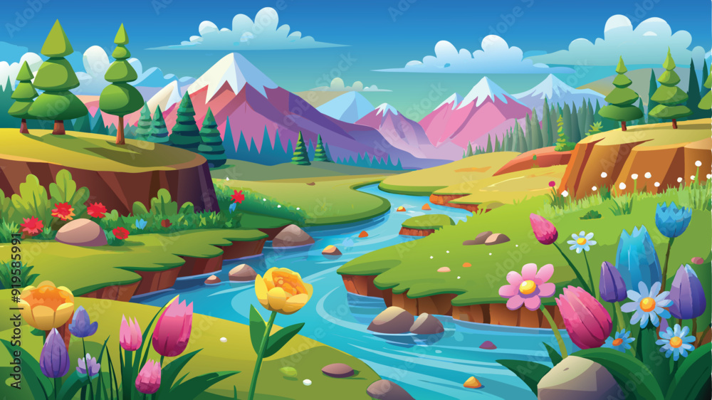 Obraz premium Illustration of a flower meadow in spring. AI digital illustration