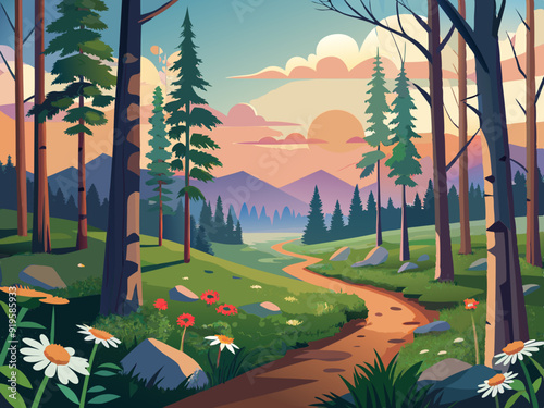 Forest landscape. Spring summer woodland with pine trees, birch tree and wild flowers in foreground. Sunrise morning in the forest path to field with daisies. Vector scene
