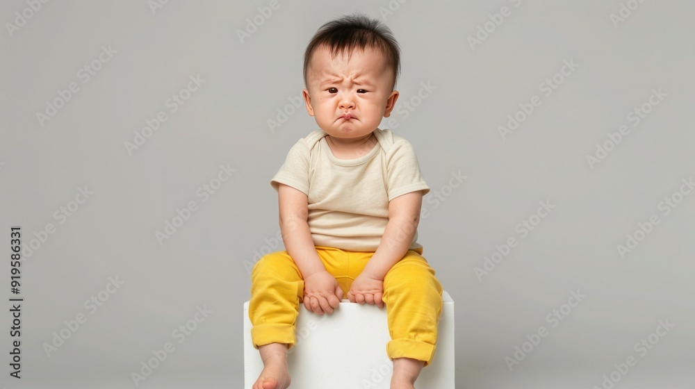 portrait of cute baby crying on white cube portrait of cute baby crying on white cube