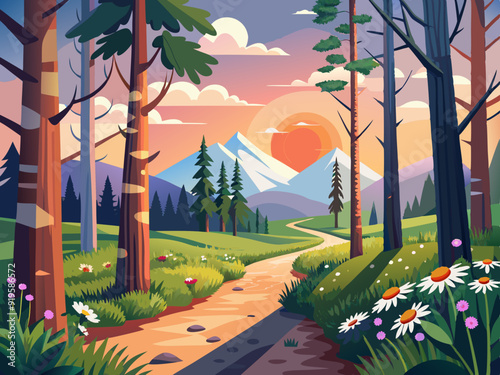 Forest landscape. Spring summer woodland with pine trees, birch tree and wild flowers in foreground. Sunrise morning in the forest path to field with daisies. Vector scene
