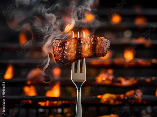 Tenedor sostiene carne asada a las brasas