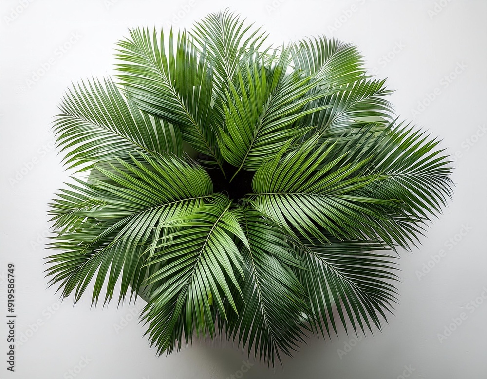 topdown view of lush areca palm in modern planter vibrant green fronds radiating outward on minimalist white surface topdown view of lush areca palm in modern planter vibrant green fronds radiating outward on minimalist white surface