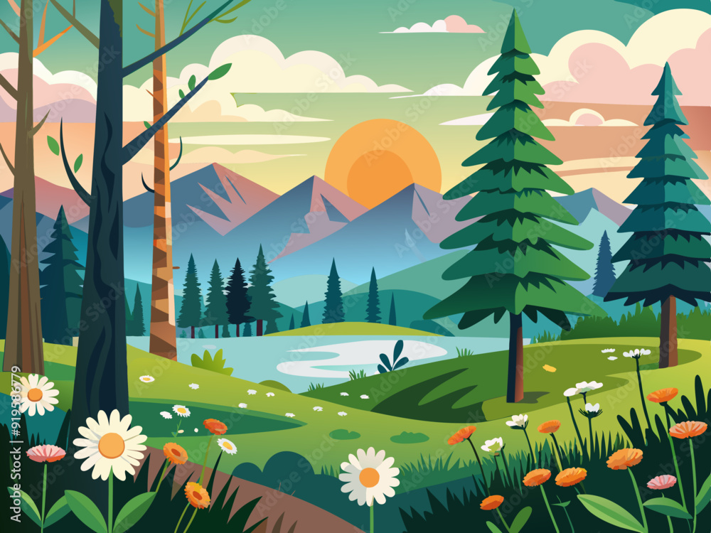 Forest landscape. Spring summer woodland with pine trees, birch tree and wild flowers in foreground. Sunrise morning in the forest path to field with daisies. Vector scene
