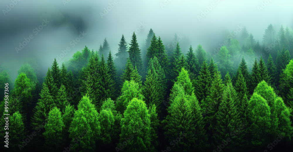Fototapeta premium A serene view of lush green trees shrouded in mist, creating a tranquil and mysterious forest atmosphere.
