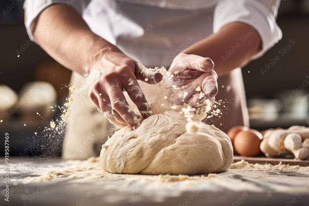 Fototapeta premium Chef's hands kneading dough on a floured work surface