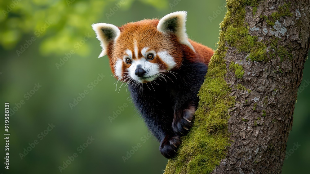A red panda perched halfway up a moss-covered tree, looking curiously down at the ground, animal, climbing A red panda perched halfway up a moss-covered tree, looking curiously down at the ground, animal, climbing