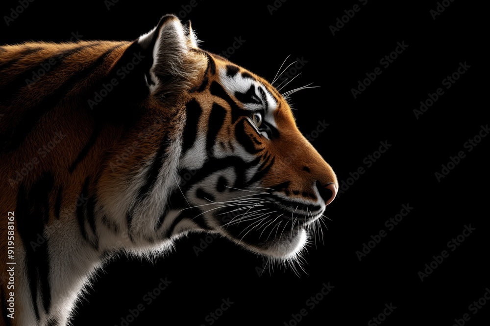 Obraz premium Photo of a tiger isolated against a black background, emphasising the tiger's majestic features. Wildlife and conservation concept, space for copy.