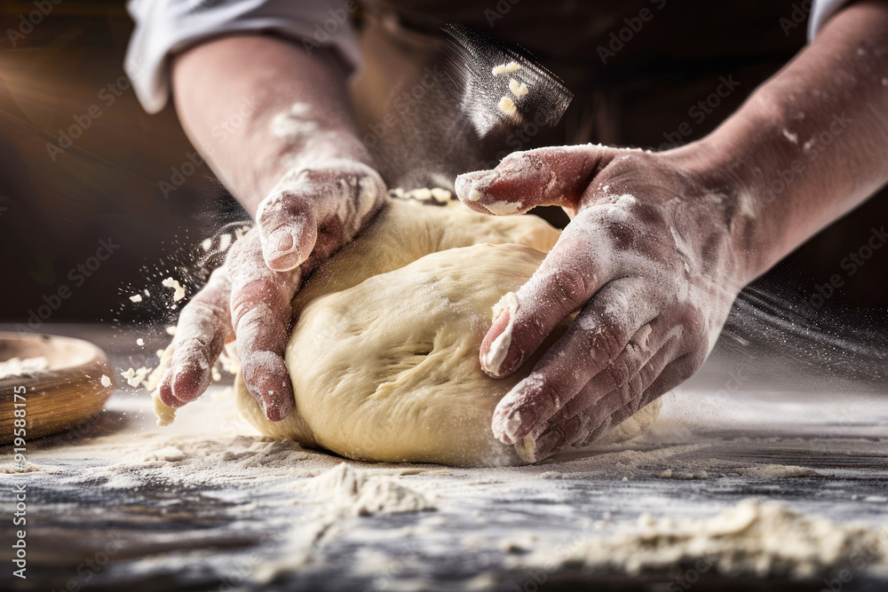 Hands handling dough with flour dispersed in the air. Hands handling dough with flour dispersed in the air.