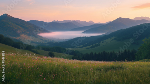 sunrise in the fields near the mountains