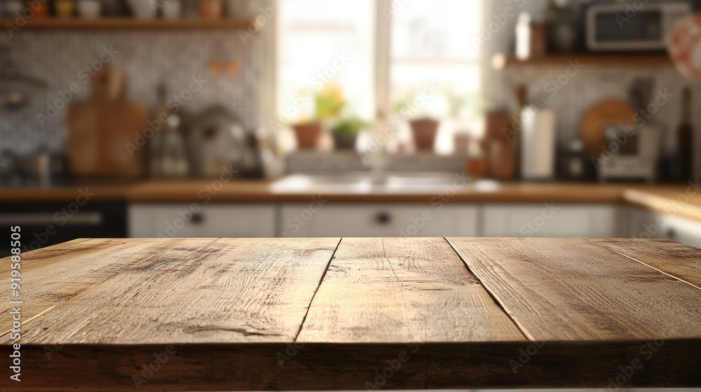 A wooden table surface with a softly blurred kitchen behind, ideal for displaying food items or kitchen products. A wooden table surface with a softly blurred kitchen behind, ideal for displaying food items or kitchen products.