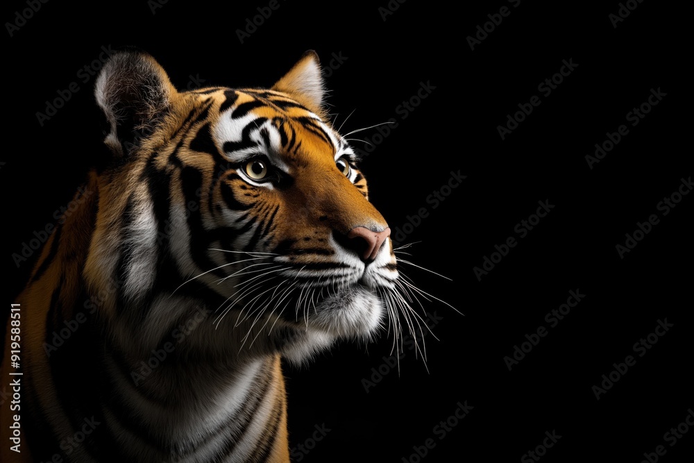 Photo of a tiger isolated against a black background, emphasising the tiger's majestic features. Wildlife and conservation concept, space for copy. Photo of a tiger isolated against a black background, emphasising the tiger's majestic features. Wildlife and conservation concept, space for copy.