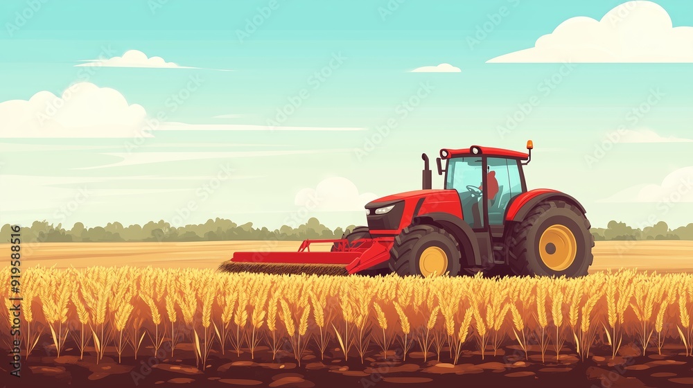 Obraz premium A red tractor harvesting wheat in a golden field under a bright blue sky