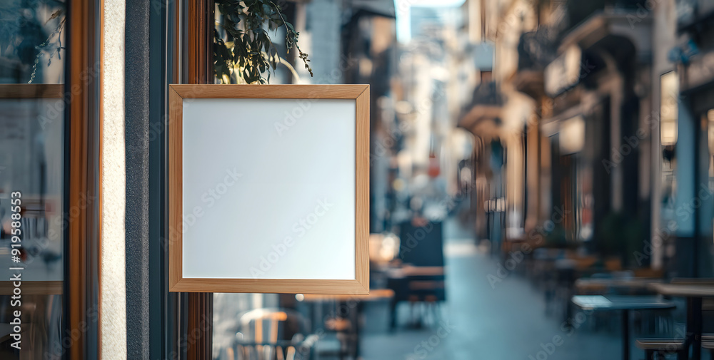 Photo of a Blank Wooden Sign Mockup Hanging on the Glass Door Photo of a Blank Wooden Sign Mockup Hanging on the Glass Door