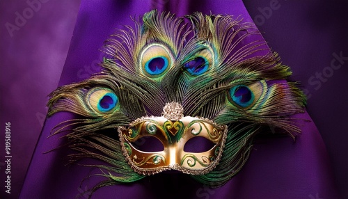 venetian carnival mask adorned with iridescent peacock feathers and intricate gold filigree mysterious eyes peek through ornate design set against deep purple velvet backdrop photo