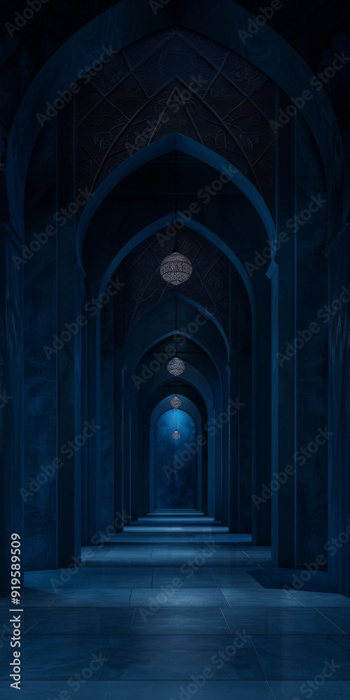 Ornate dark blue archway with intricate muslim patterns background Ornate dark blue archway with intricate muslim patterns background