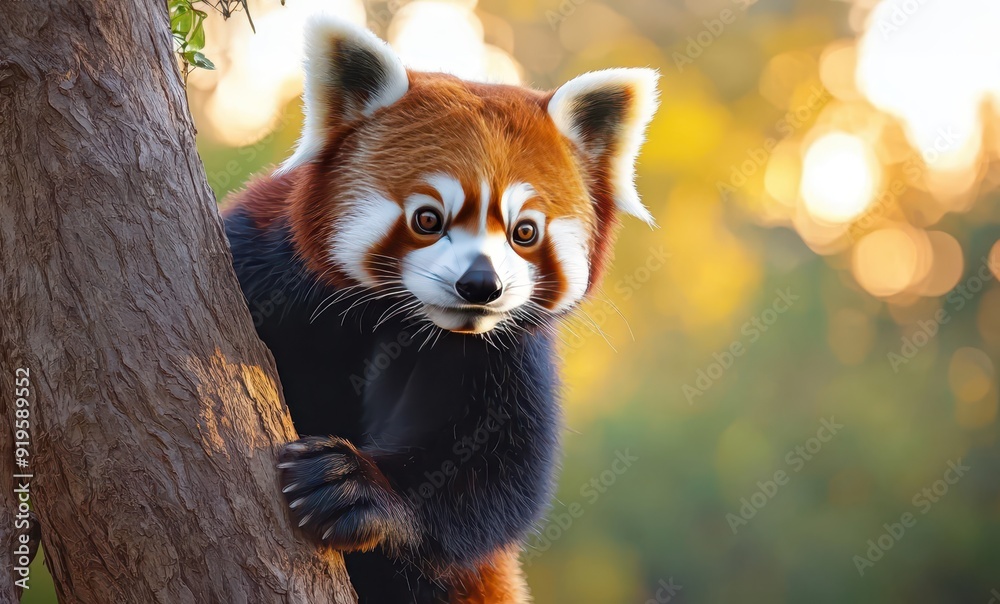 A red panda climbing a tree in the golden light of dawn, its fur glowing in the early morning sun, animal, sunrise climb A red panda climbing a tree in the golden light of dawn, its fur glowing in the early morning sun, animal, sunrise climb