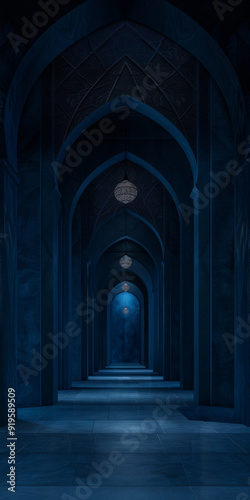 Ornate dark blue archway with intricate muslim patterns background