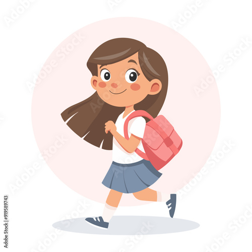 Cute schoolgirl with school backpack going to school. Pupil character. Flat style illustration