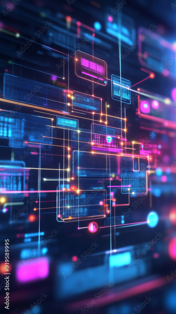 Futuristic digital network with glowing lines and squares, technology concept Futuristic digital network with glowing lines and squares, technology concept