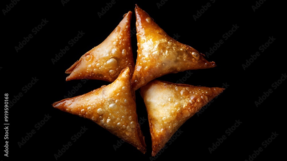 Fototapeta premium Four Golden Brown Fried Samosas on a Black Background
