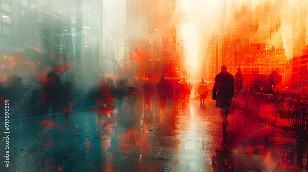 An imaginative portrayal of a city with tall, sleek buildings rendered in abstract lines, blending into softer, blurred backgrounds representing the bustling streets 