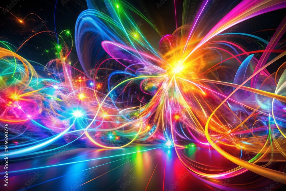 Vibrant abstract swirling shapes and lines in neon hues converge and explode in a mesmerizing dance of energy, conveying a sense of dynamic movement and power. Vibrant abstract swirling shapes and lines in neon hues converge and explode in a mesmerizing dance of energy, conveying a sense of dynamic movement and power.