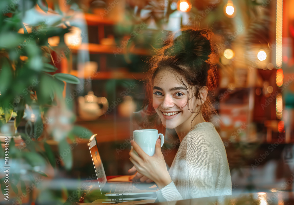 Productive Coffee Break. A young woman with fair skin and brown hair enjoying a coffee while working on her laptop, captured through a window with a soft, warm ambiance.
Productive Coffee Break. A young woman with fair skin and brown hair enjoying a coffee while working on her laptop, captured through a window with a soft, warm ambiance.
