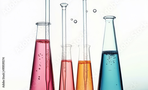 Colorful laboratory flasks filled with liquids, showcasing science and research themes in an artistic and vibrant manner. photo