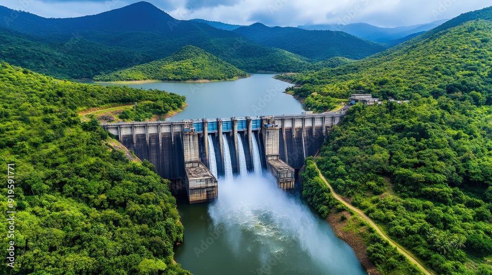 A large dam with a waterfall on it. The water is flowing down the dam and the surrounding area is lush and green A large dam with a waterfall on it. The water is flowing down the dam and the surrounding area is lush and green