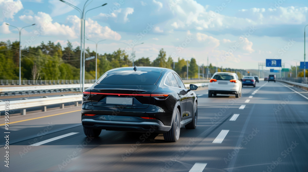A sleek, modern electric car driving on a highway, surrounded by other vehicles under a bright, partly cloudy sky. A sleek, modern electric car driving on a highway, surrounded by other vehicles under a bright, partly cloudy sky.