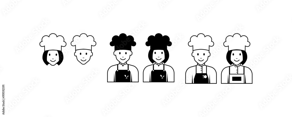 A set of icons different chef women and men for restaurants, cafes and food products. Vector illustration