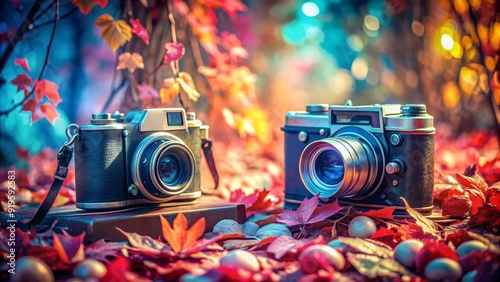 Two Old Cameras Sit Side By Side, One Of Which Has The Word  On It photo