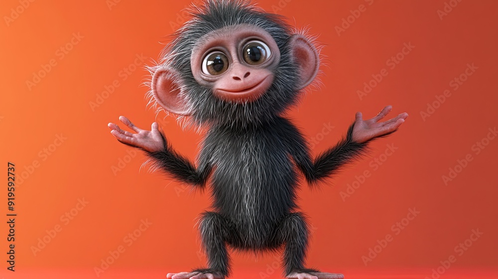 Fototapeta premium Cute cartoon monkey with big eyes and a friendly smile, standing against an orange background.