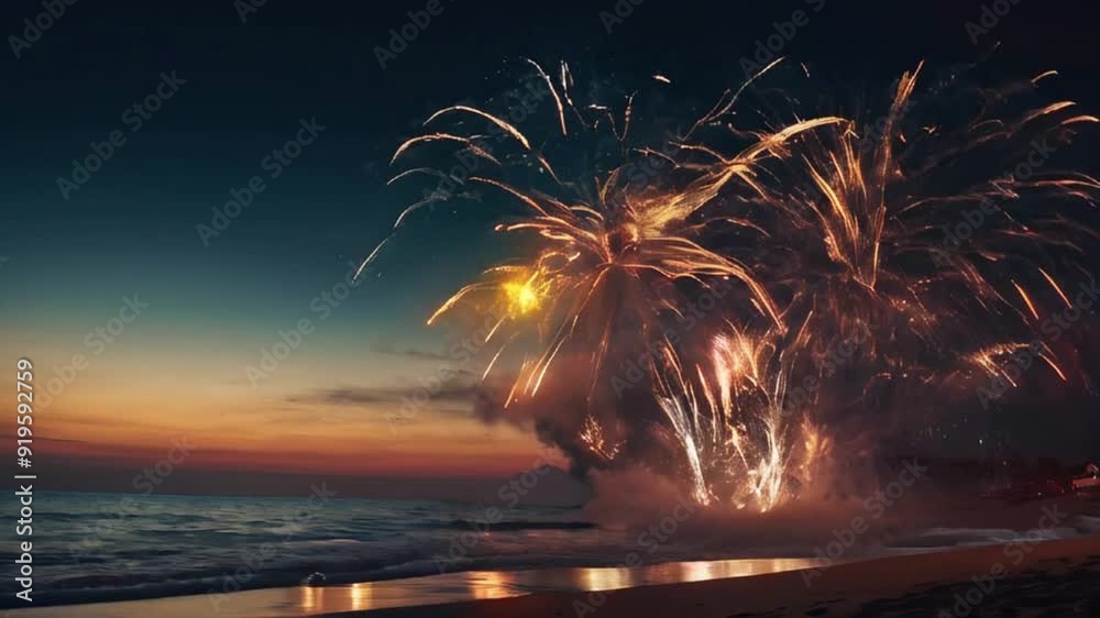 fireworks over the river sunset, beach, palm, tropical, tree, sea, ocean,  colorful lights HD resolution with hyper realistic 4K Background.