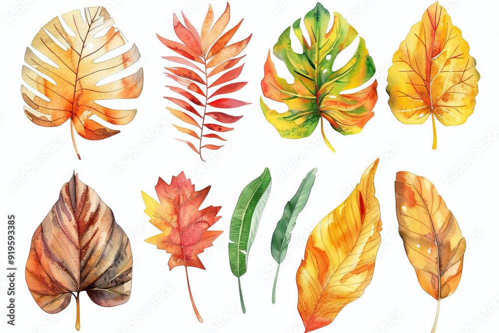 Obraz premium Assortment of vibrant autumn leaves in various shapes and colors, isolated on white, perfect for seasonal designs