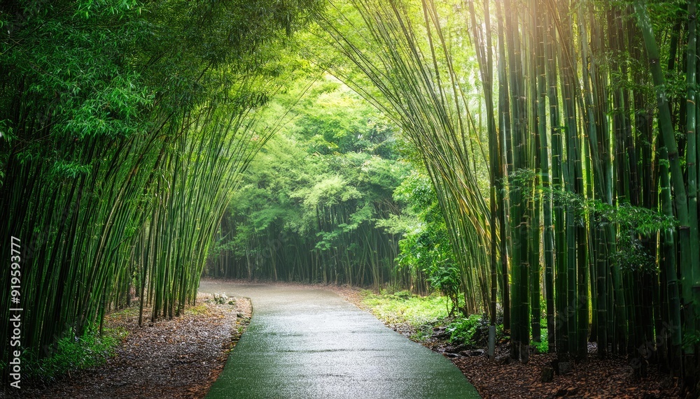Obraz premium tranquil forest path covered in green big bamboo, with golden light through the trees during rain fall; dramatic photo of mystical woods