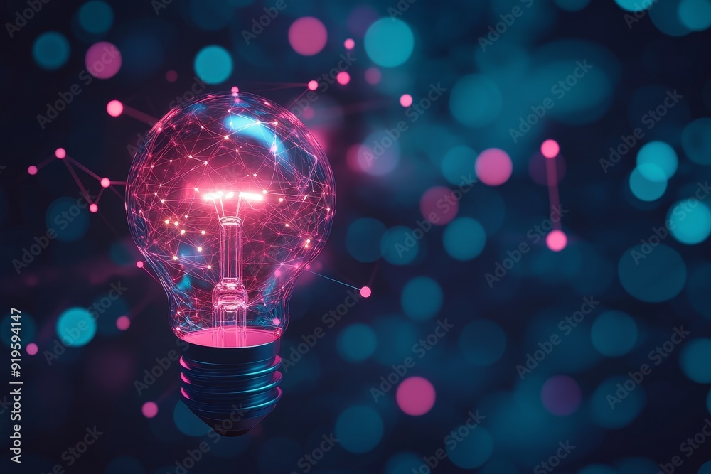 A 3D rendering of a lightbulb with blue and pink neon lights illuminating a reflecting floor A 3D rendering of a lightbulb with blue and pink neon lights illuminating a reflecting floor