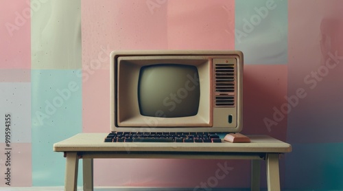 Retro Computer on Desk Against Pastel Checkered Wall photo