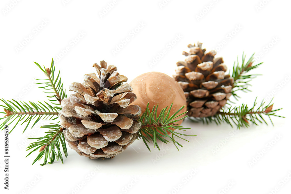 Fototapeta premium Natural pine cones and green fir branches on a white background, perfect for festive winter decorations