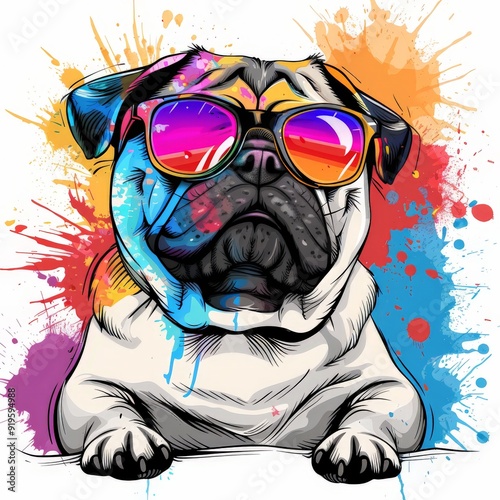 Funny pug dog cartoon, sunglasses with colorful ink splash illustration on a white background photo