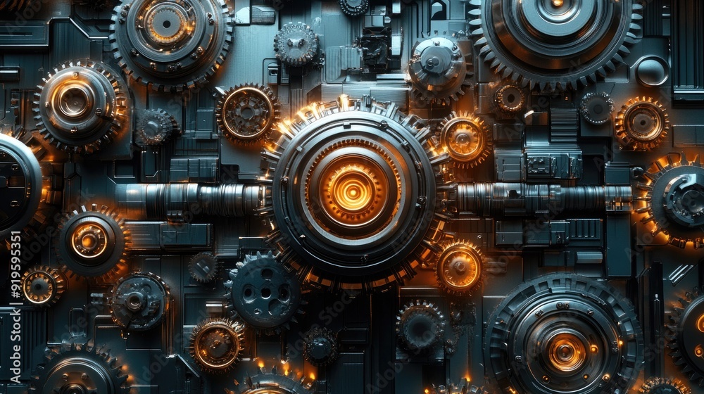 Futuristic Mechanical Gears with Glowing Lights, Engineering and Technology Concept Futuristic Mechanical Gears with Glowing Lights, Engineering and Technology Concept