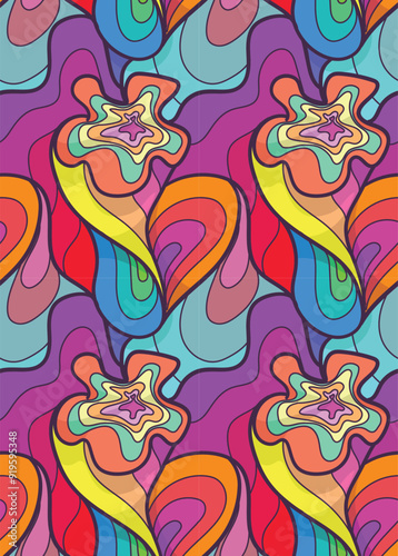 abstract psychedelic flower in bright color repeatable seamless pattern vector illustration