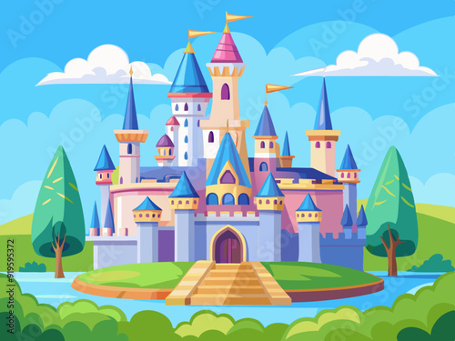 Fairy tale castles. Cartoon magic kingdom palace. Royal house. Fabulous medieval high building with tower and citadels. Fairy princess castle for story. Vector collection

