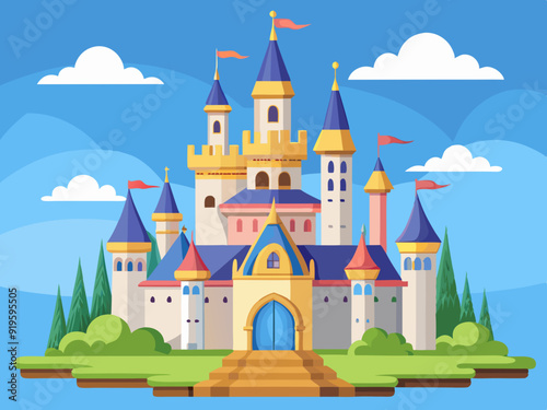 Fairy tale castles. Cartoon magic kingdom palace. Royal house. Fabulous medieval high building with tower and citadels. Fairy princess castle for story. Vector collection
