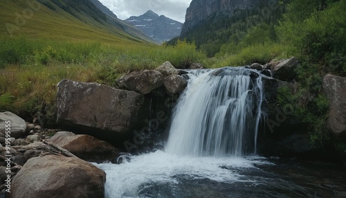 A waterfall with a waterfall in the background and a mountain in the background 48